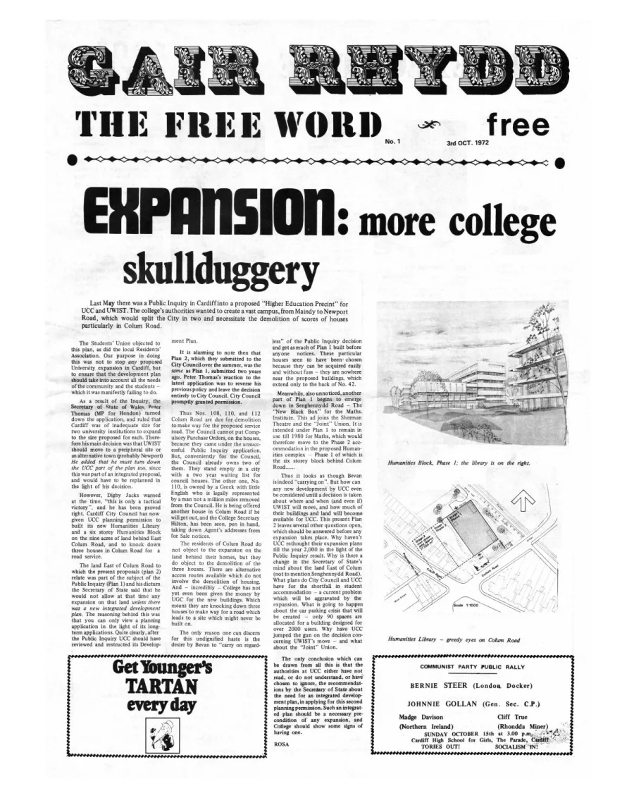 The first issue of Gair Rhydd, published in October 1972