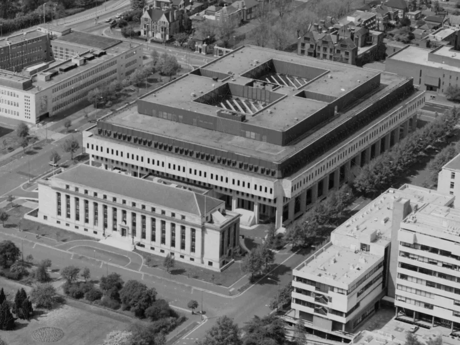 Aerial view of the north end of Cathays Park in the late 1970s